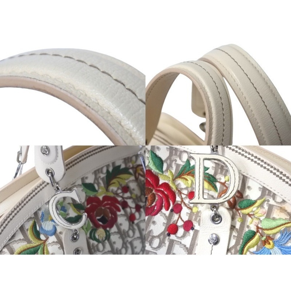 Dior Handbag Canvas Tan Flower Embroidery Trotter Christian Floral Beige - Picture 3 of 10